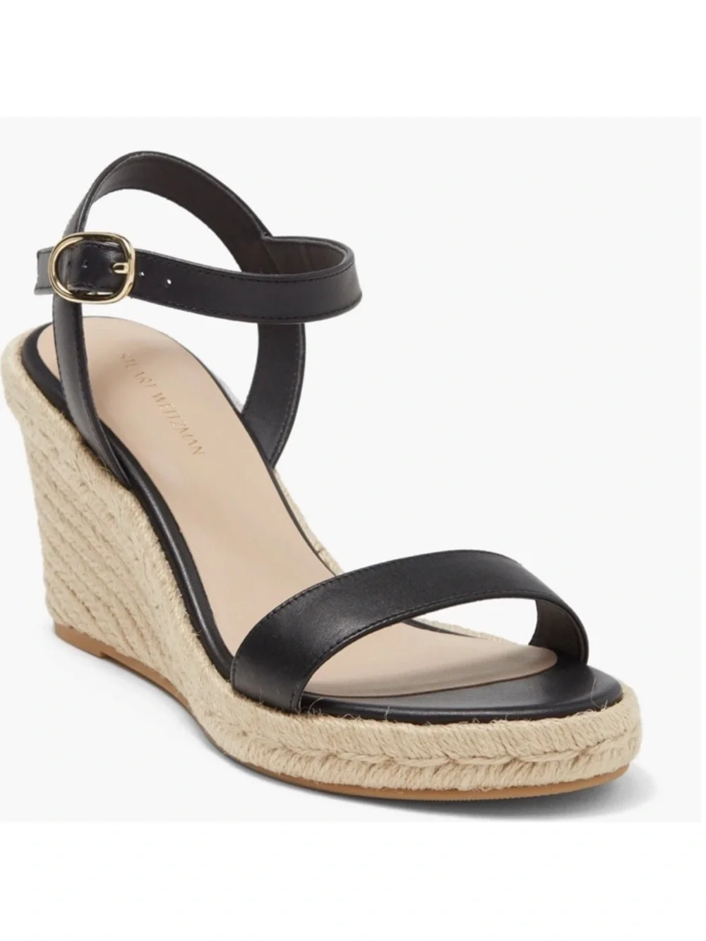 NIB Stuart Weitzman Teddi espadrille wedge sandals heels black leather 11.5